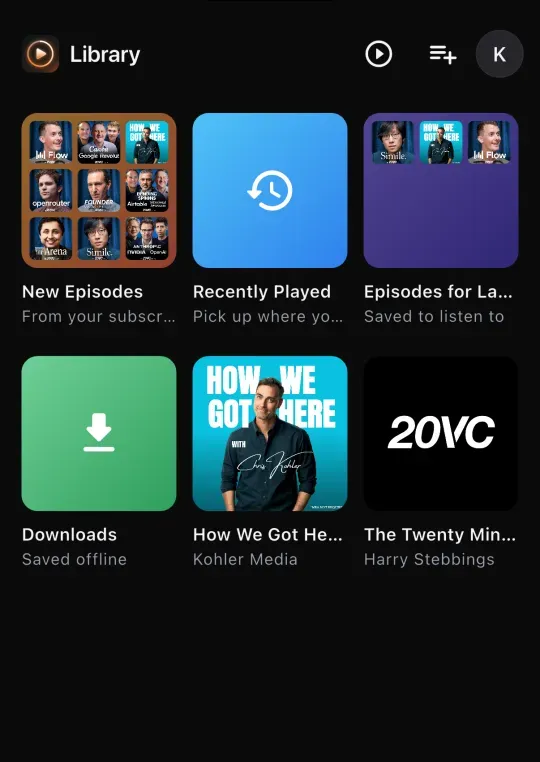 The Podscape library with New Episodes, Recently Played, Episodes for Later and Downloads tiles