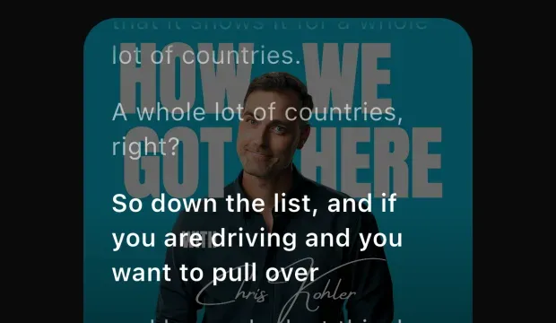 A Podscape episode with the live transcript overlaid on the artwork, the line being spoken highlighted in white