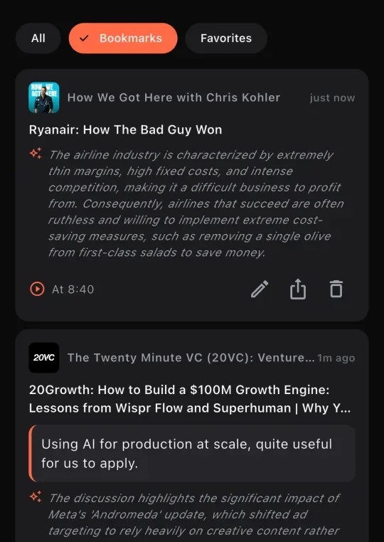 The Podscape Notes tab showing saved bookmarks with timestamps and AI-written summaries